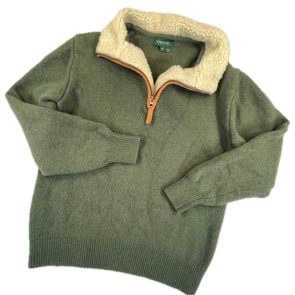 Orvis Quarter Zip Sherpa Collar Lambswool Sweater Size M Green Leather Trim Fall